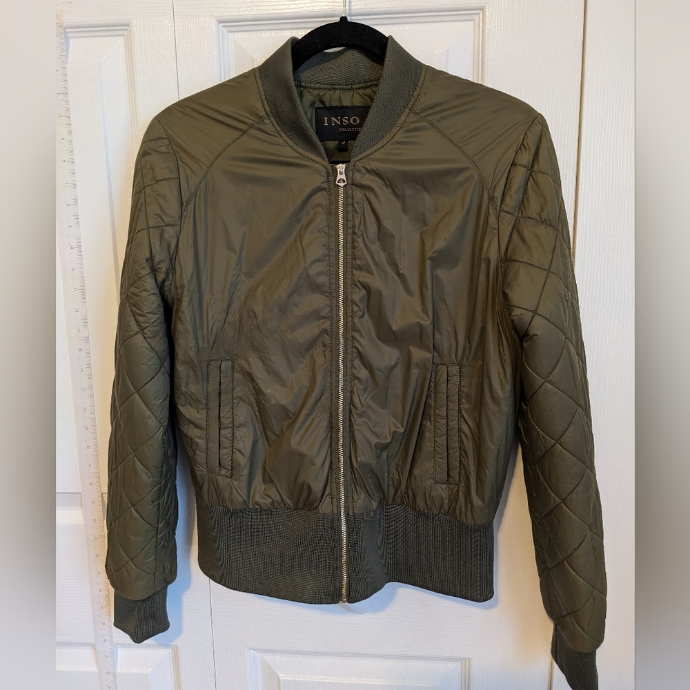 Olive green, lightweight, quilted bomber..